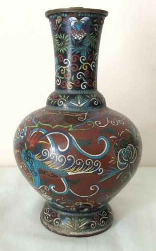 ANTIQUE CHINESE CLOISONNE VASE WITH PHOENIX AND BATS 3