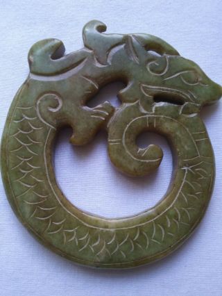 Wonderful Vintage Chinese Carved Green Jade Pendant With Dragon