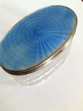 Fine Antique Sterling Silver & Blue Guilloche Enamel Topped Oval Glass Jar / Pot