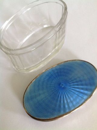 Fine Antique Sterling Silver & Blue Guilloche Enamel Topped Oval Glass Jar / Pot 7