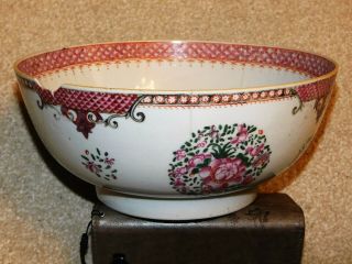 Large Antique 18th Century Chinese Pink Peony Bowl For Restoration