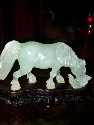 Vintage Chinese Celadon Green Jade / Jadeite Horse On Wooden Stand