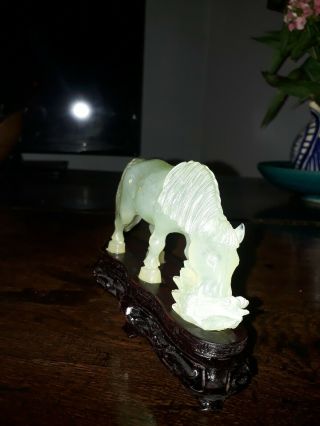 Vintage Chinese Celadon Green Jade / Jadeite Horse On Wooden Stand 8