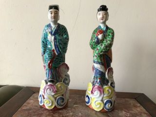Pair Chinese Antique Porcelain Famille Rose Man & Woman Figurines