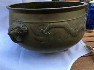 Antique/vintage Chinese Large Etched Brass Footed Planter With Lion Handles