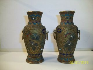 (2) Antique Early 20th Century Asian Vases Bronze Enamel/cloisonne Filigree.