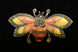 Vintage Sterling Silver 925 Enamel And Marcasite Bumble Bee Signed Pin (s1185)