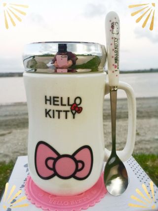 Cute Hello Kitty Ceramic Coffee Mug Comes With Top/cap,  Spoon And Coaster 500ml