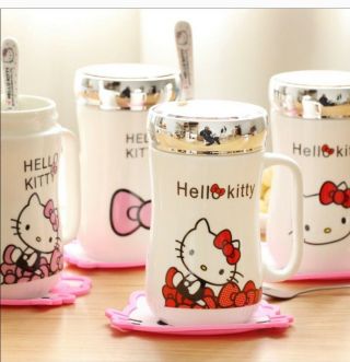 Cute Hello Kitty Ceramic Coffee Mug comes With Top/Cap,  Spoon and Coaster 500ML 7