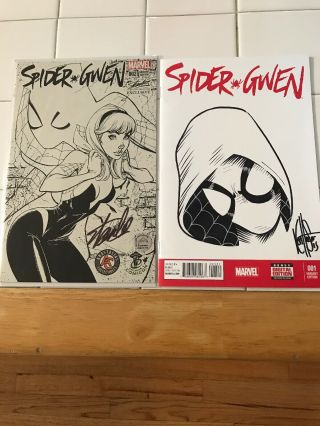 Spider Gwen 1 And 2 Autographed By Stan Lee And Custom By Ken Haeser.  9.  8