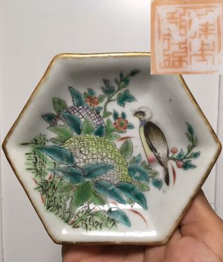 Antique Chinese Hexagon Footed Porcelain Dish Bowl Bird Flowers Hand Painted