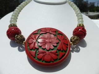Vintage Chinese Silver Jade Cinnabar Necklace Detailed On