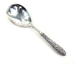 Vintage Floral Repousse Sterling Silver Handle Pierced Slotted Serving Spoon