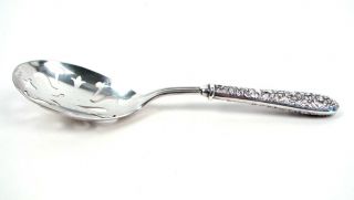 Vintage Floral Repousse Sterling Silver Handle Pierced Slotted Serving Spoon 4
