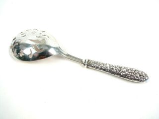 Vintage Floral Repousse Sterling Silver Handle Pierced Slotted Serving Spoon 5