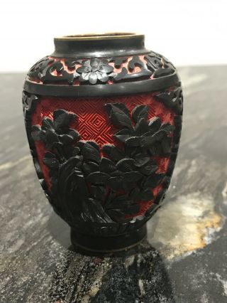 Antique Chinese Cinnabar Enamel Carved Vase Black And Red 20th Rare Blue Enamel