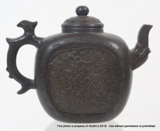 Vintage Signed Yixing Pottery Tea Pot Dark Florals W/ Unique Thin Design