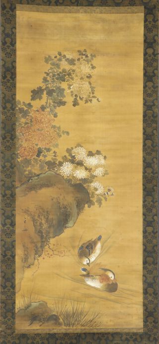 Japanese Hanging Scroll Art Painting " Mandarin Ducks " Asian Antique E7625