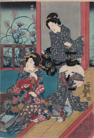 Japanese Woodblock Print By Kunisada - 7 Autumn Flowers In The Garden