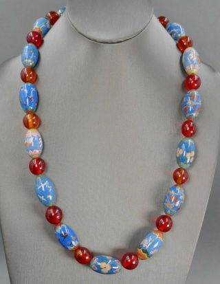Fine Old Chinese Agate Inside Painted Glass Bat & Crane Fish Bead Necklace