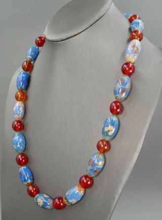 Fine Old Chinese Agate Inside Painted Glass Bat & Crane Fish Bead Necklace 2