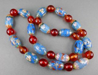 Fine Old Chinese Agate Inside Painted Glass Bat & Crane Fish Bead Necklace 3