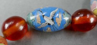 Fine Old Chinese Agate Inside Painted Glass Bat & Crane Fish Bead Necklace 7