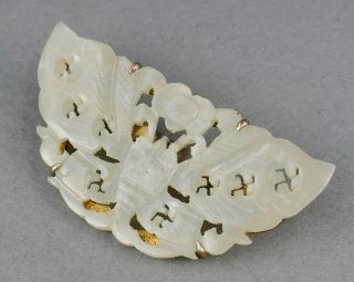 Fine Antique Chinese Carved Jade Butterfly & Lucky Swastika Sterling Brooch Pin