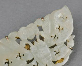 Fine Antique Chinese Carved Jade Butterfly & Lucky Swastika Sterling Brooch Pin 5