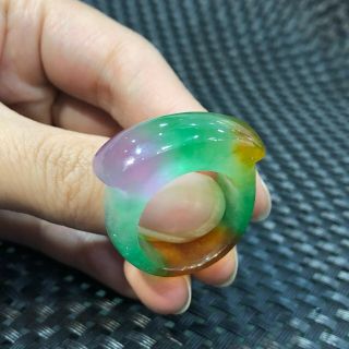 Chinese Colorful Jadeite Jade Handwork Collectible Rare Saddle Shape No.  8 Ring