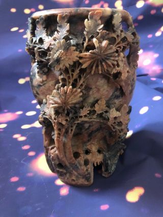 Large Antique Chinese Carved Soapstone Floral Flowers Pink Black Marbled 8.  5”