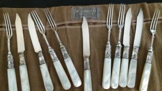 Landers Frary & Clark Mother Of Pearl Demi Fork Knife Set Sterling Silver Plated
