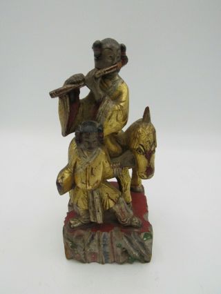 Chinese Carved Wood Gold Gilt Figure Work Of Art Flutist And Unicorn