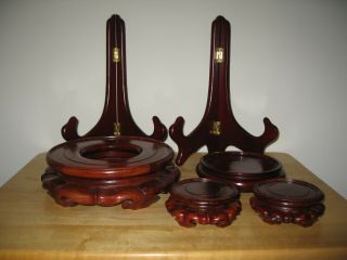 Pair Plate,  4 Vase Carved Lacquer Wood Stand For Porcelain Or Cloisonne Art Vase