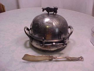 Antique Figural Cow Top Silver Plate Butter Dish Plus Knife Reed & Barton 1800 