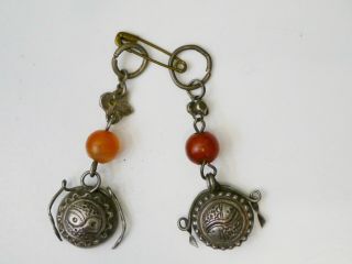 2 Antique Chinese Qing Dynasty Silver & Carnelian Pendants Or Earring Charms