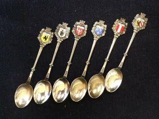 6 Vintage Reu 800 Silver Travel Shield Souvenir Enameled Spoons German Cities