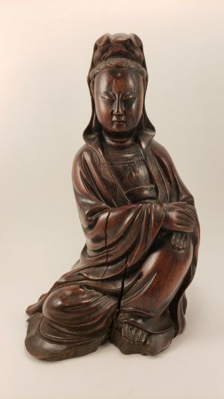 Antique Chinese Carved Wooden Figure Guan Yin Kwan Yin Buddha Wood Statue Qing