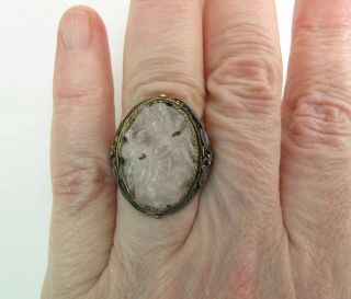 Antique Chinese Enameled Silver Vermeil Ring W/ Carved Icy / Water Jadeite Jade