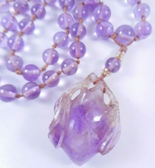Antique Chinese Seed Pearl Carved Amethyst Pendant Hand Knotted Bead Necklace