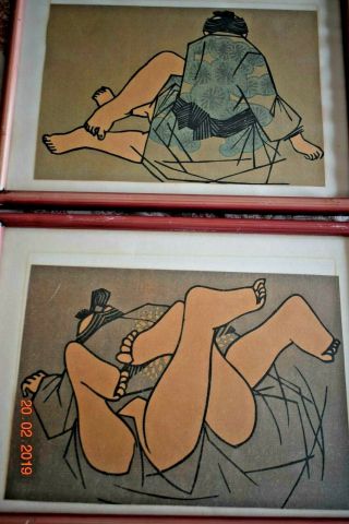 2 Old Japanese Shunga Wood Block Print Erotic Sumo Wrestlers