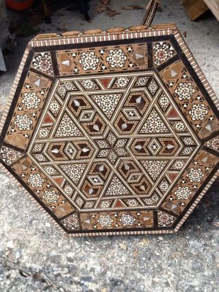 Vintage Syrian Inlaid Wood Marquetry Small Hexagonal Tripod Table For Mending