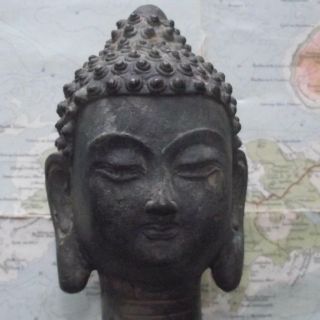 Old Solid Bronze Patinated Buddha Head : Meditating Buddha 4.  5 " 1lb Approx