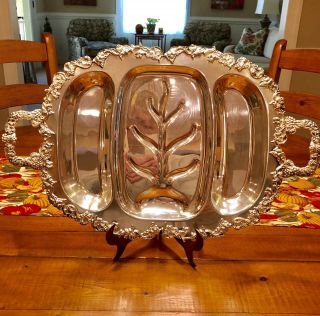 Sheridan Silver Co Silver On Copper Meat Serving Tray 24x14 " Double Well Ornate