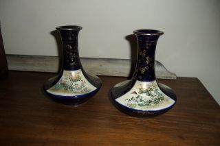 Antique Japanese Taisho Period Glazed Satsuma Squat Vases 14.  5cm.