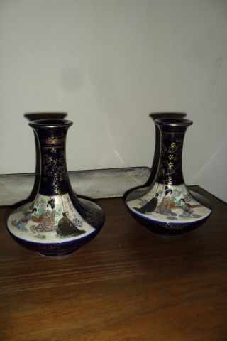 Antique Japanese Taisho Period Glazed Satsuma Squat Vases 14.  5cm. 2