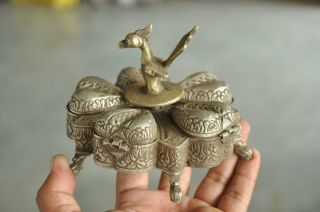 Old Brass Engraved Unique Shape Peacock Crafted 5 Compartment Tikka Powder Box