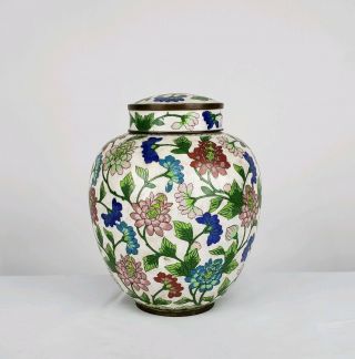 Rare Antique Chinese Cloisonne Ginger Jar With Flowers And Leaves White Enamel