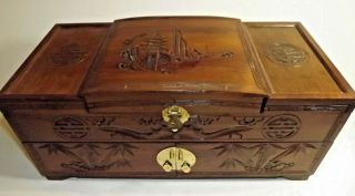 Large Vintage Wooden Hand Carved Jewelry Box Chest ASIAN,  PAGODA CARVINGS 2