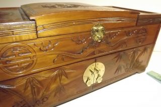 Large Vintage Wooden Hand Carved Jewelry Box Chest ASIAN,  PAGODA CARVINGS 3